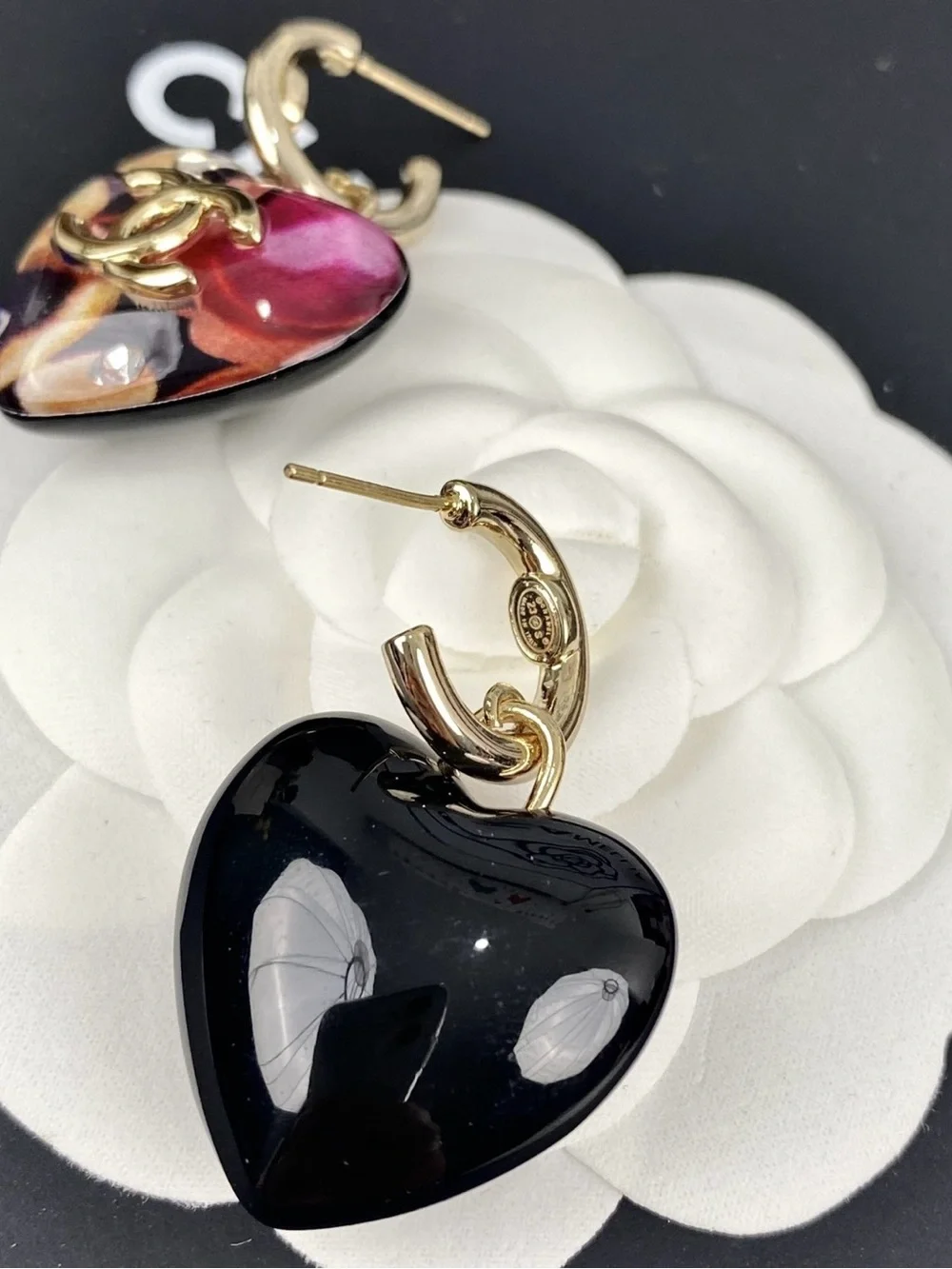CHANEL Gold-Tone Hoop Earrings with Pink and Black Heart Drops